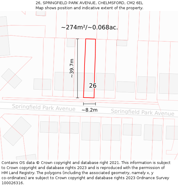 26, SPRINGFIELD PARK AVENUE, CHELMSFORD, CM2 6EL: Plot and title map