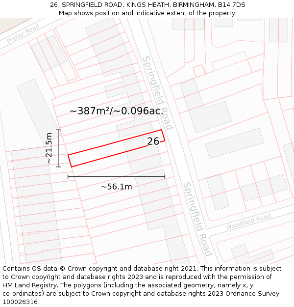 26, SPRINGFIELD ROAD, KINGS HEATH, BIRMINGHAM, B14 7DS: Plot and title map