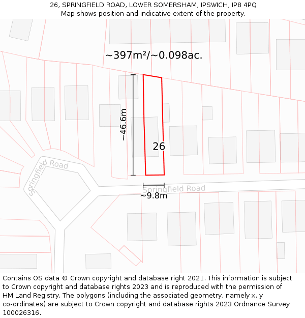 26, SPRINGFIELD ROAD, LOWER SOMERSHAM, IPSWICH, IP8 4PQ: Plot and title map