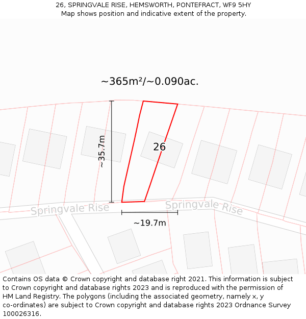 26, SPRINGVALE RISE, HEMSWORTH, PONTEFRACT, WF9 5HY: Plot and title map