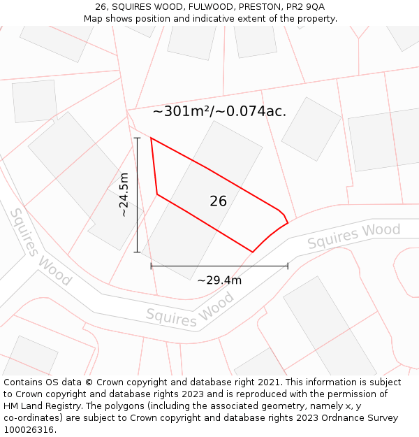 26, SQUIRES WOOD, FULWOOD, PRESTON, PR2 9QA: Plot and title map