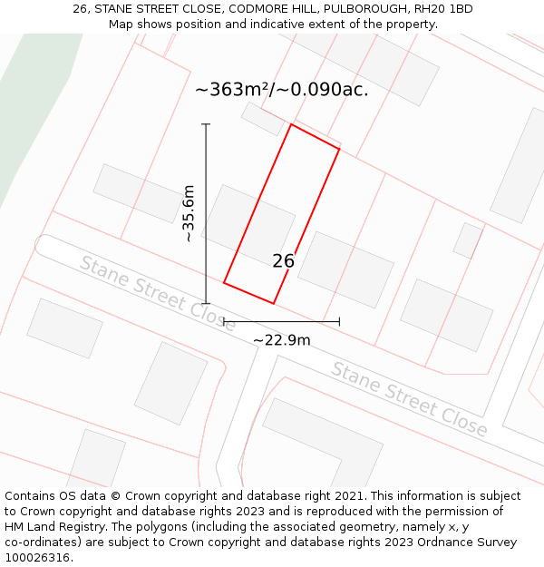 26, STANE STREET CLOSE, CODMORE HILL, PULBOROUGH, RH20 1BD: Plot and title map