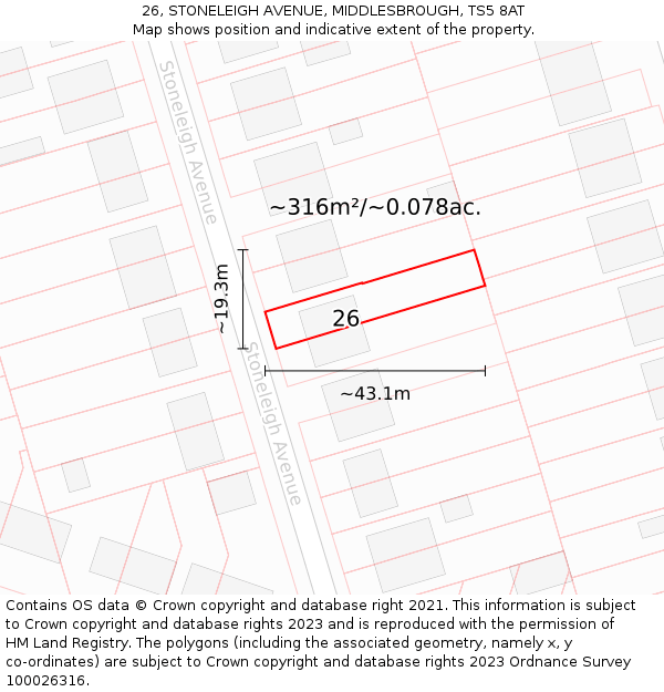 26, STONELEIGH AVENUE, MIDDLESBROUGH, TS5 8AT: Plot and title map