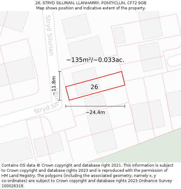 26, STRYD SILURIAN, LLANHARRY, PONTYCLUN, CF72 9GB: Plot and title map