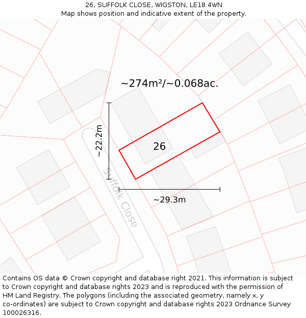 26, SUFFOLK CLOSE, WIGSTON, LE18 4WN: Plot and title map