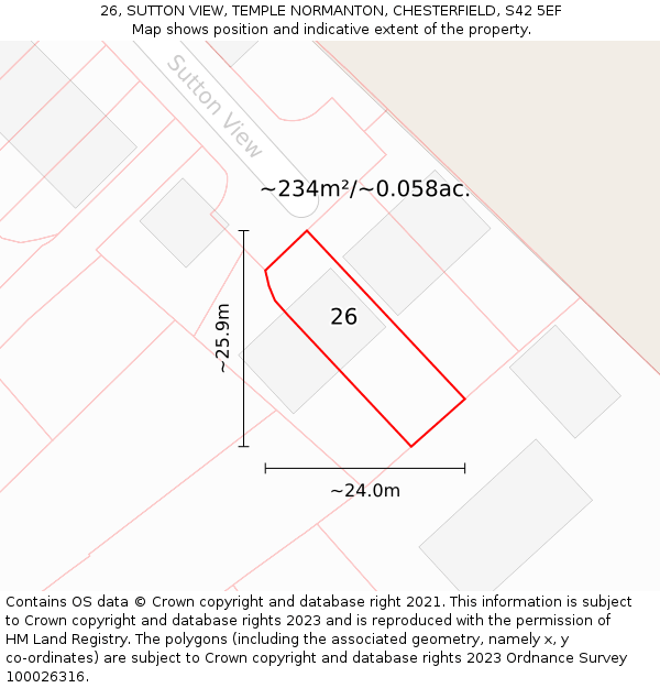 26, SUTTON VIEW, TEMPLE NORMANTON, CHESTERFIELD, S42 5EF: Plot and title map