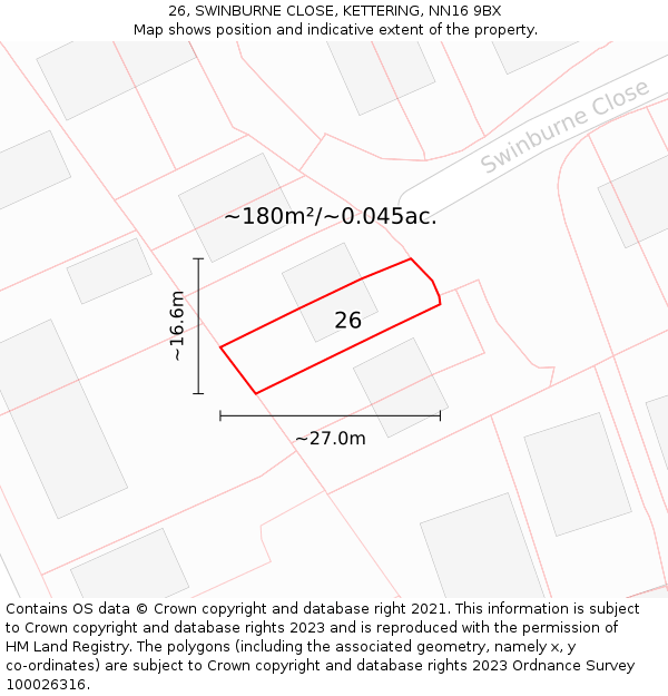 26, SWINBURNE CLOSE, KETTERING, NN16 9BX: Plot and title map