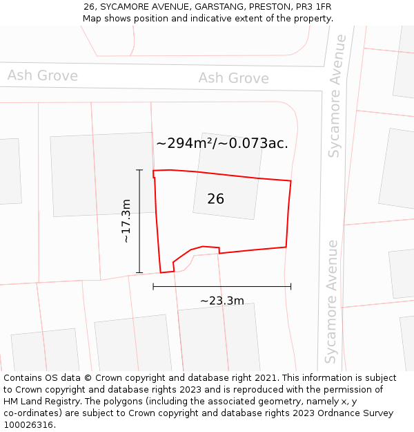 26, SYCAMORE AVENUE, GARSTANG, PRESTON, PR3 1FR: Plot and title map