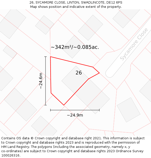 26, SYCAMORE CLOSE, LINTON, SWADLINCOTE, DE12 6PS: Plot and title map