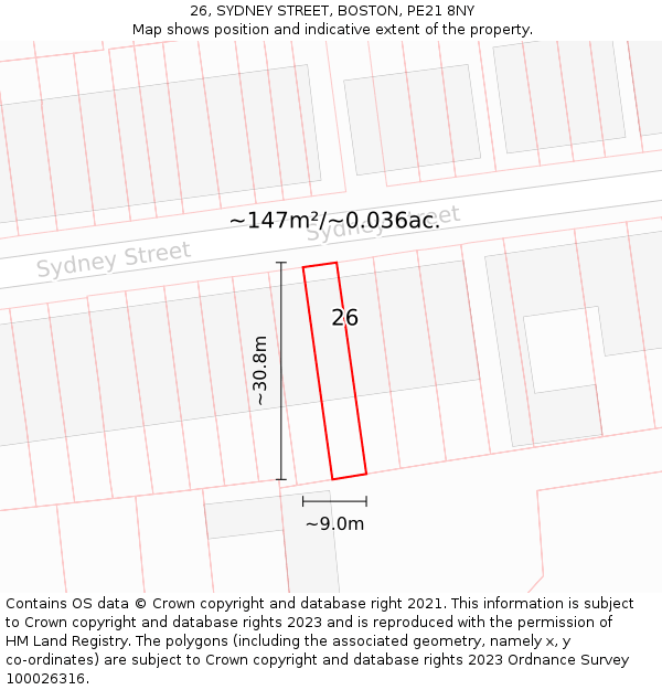 26, SYDNEY STREET, BOSTON, PE21 8NY: Plot and title map