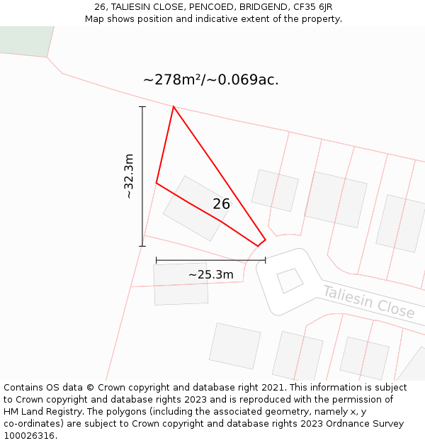 26, TALIESIN CLOSE, PENCOED, BRIDGEND, CF35 6JR: Plot and title map