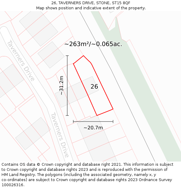 26, TAVERNERS DRIVE, STONE, ST15 8QF: Plot and title map