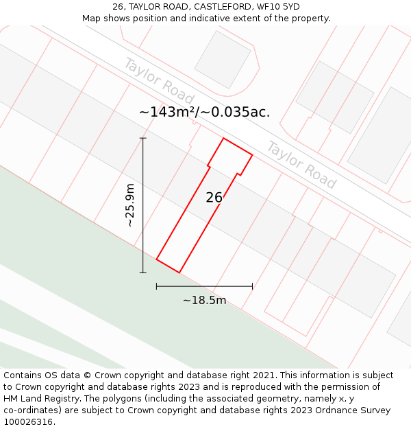 26, TAYLOR ROAD, CASTLEFORD, WF10 5YD: Plot and title map