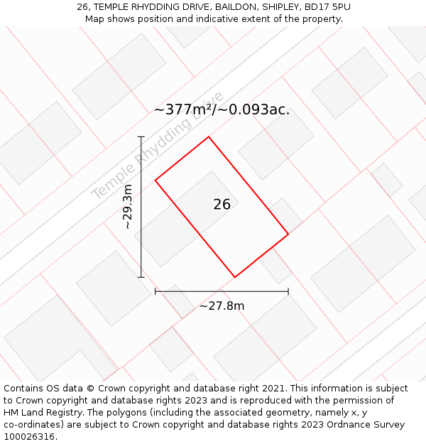 26, TEMPLE RHYDDING DRIVE, BAILDON, SHIPLEY, BD17 5PU: Plot and title map