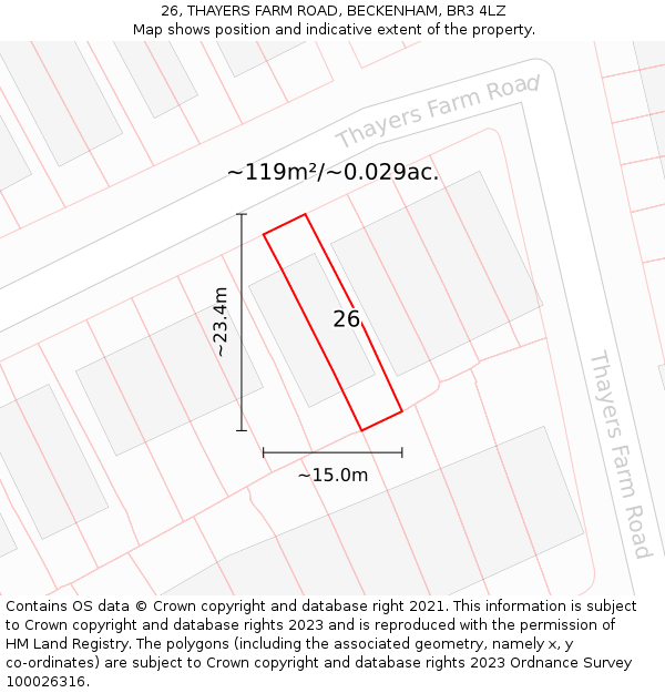 26, THAYERS FARM ROAD, BECKENHAM, BR3 4LZ: Plot and title map