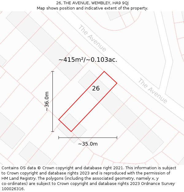 26, THE AVENUE, WEMBLEY, HA9 9QJ: Plot and title map
