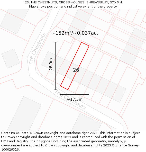 26, THE CHESTNUTS, CROSS HOUSES, SHREWSBURY, SY5 6JH: Plot and title map