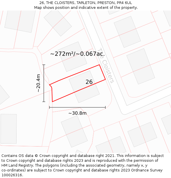 26, THE CLOISTERS, TARLETON, PRESTON, PR4 6UL: Plot and title map