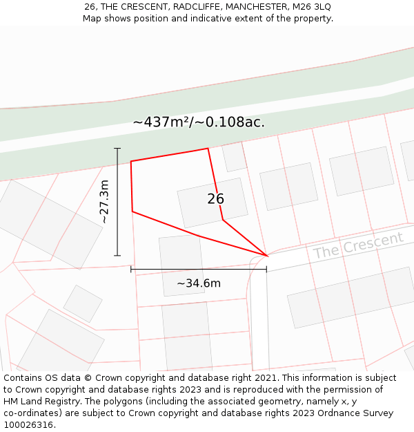 26, THE CRESCENT, RADCLIFFE, MANCHESTER, M26 3LQ: Plot and title map