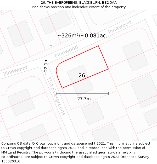 26, THE EVERGREENS, BLACKBURN, BB2 5AA: Plot and title map