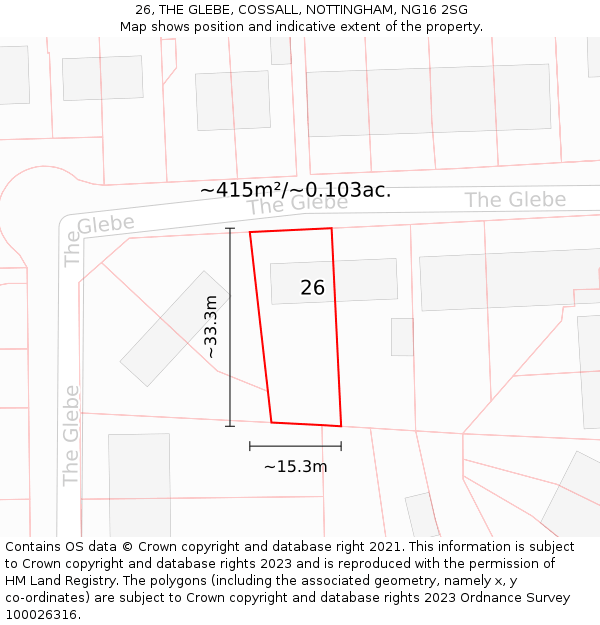 26, THE GLEBE, COSSALL, NOTTINGHAM, NG16 2SG: Plot and title map