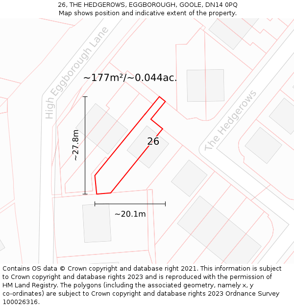26, THE HEDGEROWS, EGGBOROUGH, GOOLE, DN14 0PQ: Plot and title map