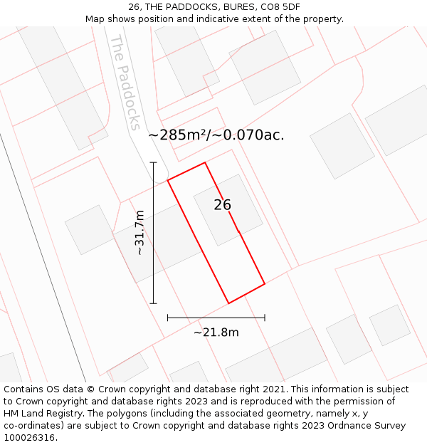 26, THE PADDOCKS, BURES, CO8 5DF: Plot and title map
