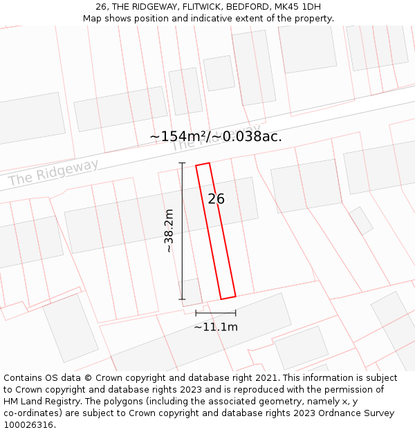 26, THE RIDGEWAY, FLITWICK, BEDFORD, MK45 1DH: Plot and title map
