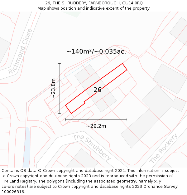 26, THE SHRUBBERY, FARNBOROUGH, GU14 0RQ: Plot and title map
