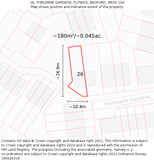26, THIRLMERE GARDENS, FLITWICK, BEDFORD, MK45 1QX: Plot and title map