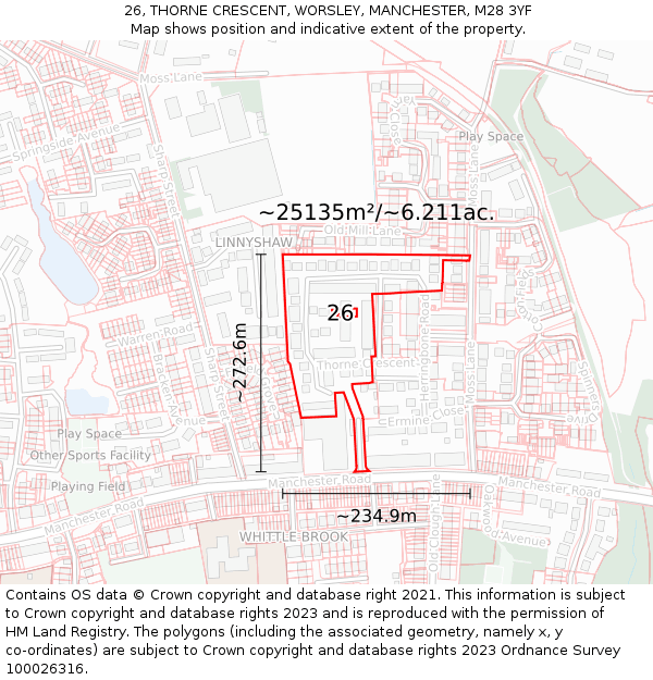 26, THORNE CRESCENT, WORSLEY, MANCHESTER, M28 3YF: Plot and title map
