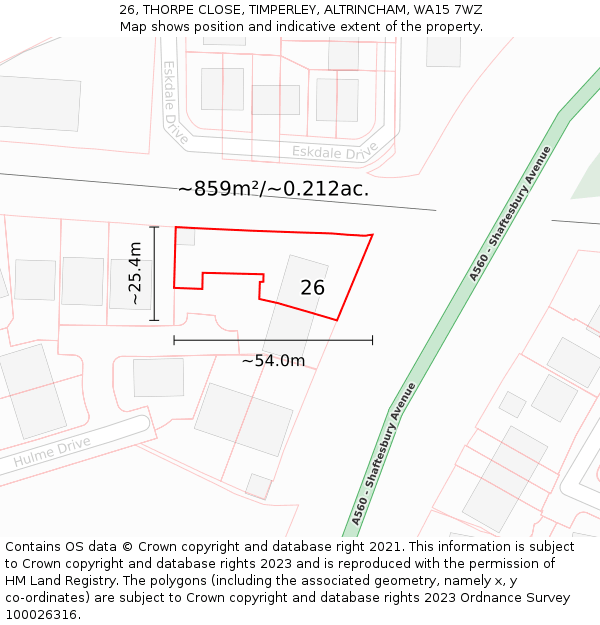 26, THORPE CLOSE, TIMPERLEY, ALTRINCHAM, WA15 7WZ: Plot and title map