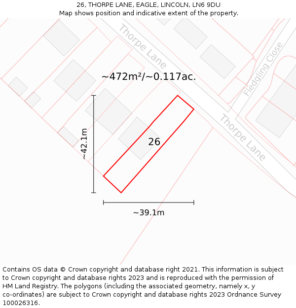 26, THORPE LANE, EAGLE, LINCOLN, LN6 9DU: Plot and title map