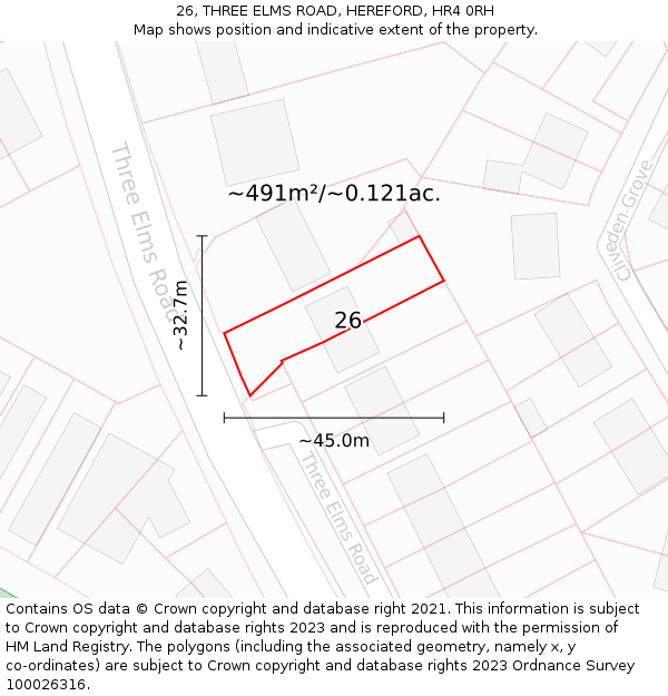 26, THREE ELMS ROAD, HEREFORD, HR4 0RH: Plot and title map