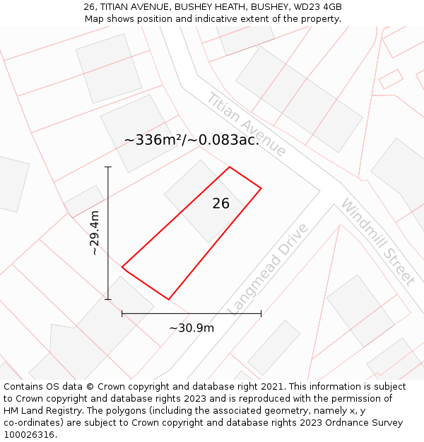 26, TITIAN AVENUE, BUSHEY HEATH, BUSHEY, WD23 4GB: Plot and title map