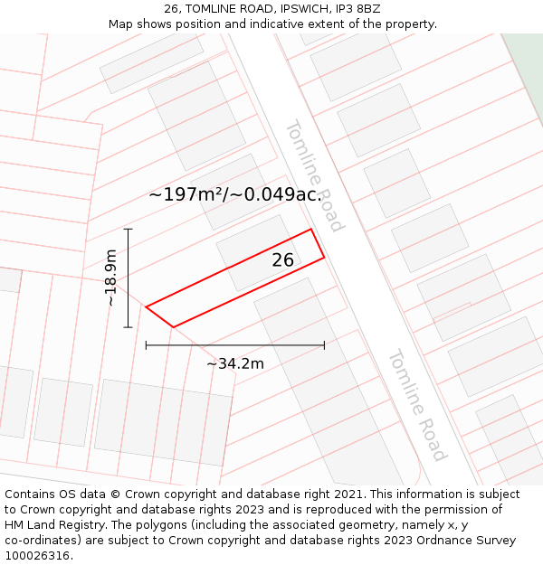 26, TOMLINE ROAD, IPSWICH, IP3 8BZ: Plot and title map