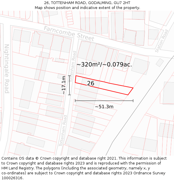 26, TOTTENHAM ROAD, GODALMING, GU7 2HT: Plot and title map