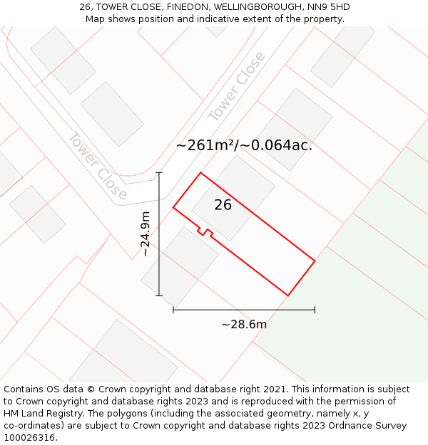 26, TOWER CLOSE, FINEDON, WELLINGBOROUGH, NN9 5HD: Plot and title map