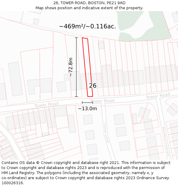 26, TOWER ROAD, BOSTON, PE21 9AD: Plot and title map