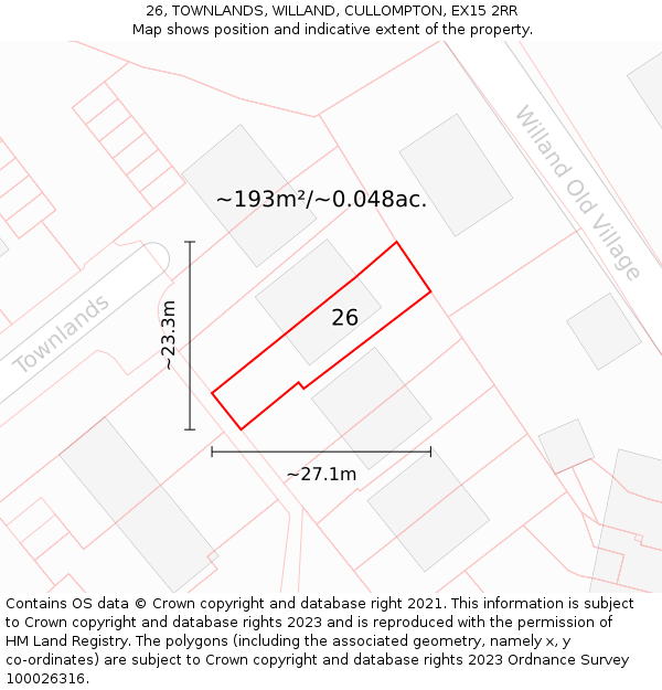 26, TOWNLANDS, WILLAND, CULLOMPTON, EX15 2RR: Plot and title map