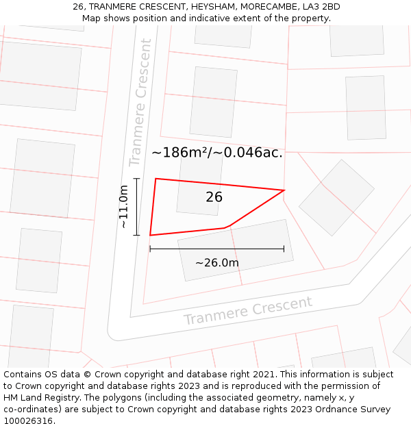 26, TRANMERE CRESCENT, HEYSHAM, MORECAMBE, LA3 2BD: Plot and title map