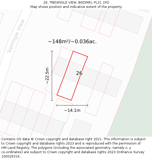 26, TRENINGLE VIEW, BODMIN, PL31 1PD: Plot and title map