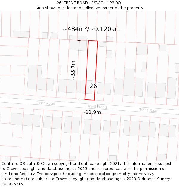 26, TRENT ROAD, IPSWICH, IP3 0QL: Plot and title map