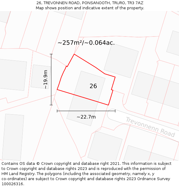 26, TREVONNEN ROAD, PONSANOOTH, TRURO, TR3 7AZ: Plot and title map