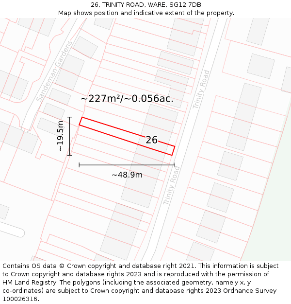 26, TRINITY ROAD, WARE, SG12 7DB: Plot and title map
