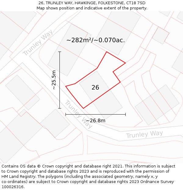 26, TRUNLEY WAY, HAWKINGE, FOLKESTONE, CT18 7SD: Plot and title map