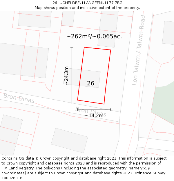 26, UCHELDRE, LLANGEFNI, LL77 7RG: Plot and title map