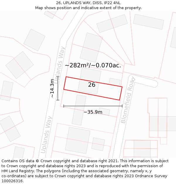 26, UPLANDS WAY, DISS, IP22 4NL: Plot and title map