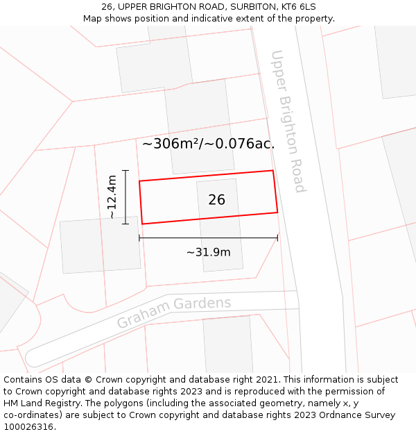 26, UPPER BRIGHTON ROAD, SURBITON, KT6 6LS: Plot and title map