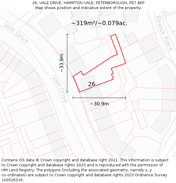 26, VALE DRIVE, HAMPTON VALE, PETERBOROUGH, PE7 8EP: Plot and title map